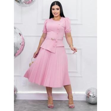 Imagem de Vestido Midi Soltinho Rodado Moda Evangélica Decote Quadrado com Cinto