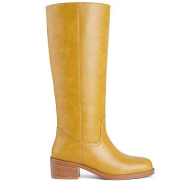 Imagem de CORNMOOD Banana Bota feminina cano alto bico quadrado salto grosso cavalgar botas longas para mulheres confortável salto baixo puxar na panturrilha larga outono bota alta, B - amarelo, 38