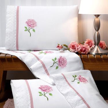 Imagem de Jogo de Lençol Yonara Queen 4 Peças Percal 180 Fios Bordado Floral - Branco