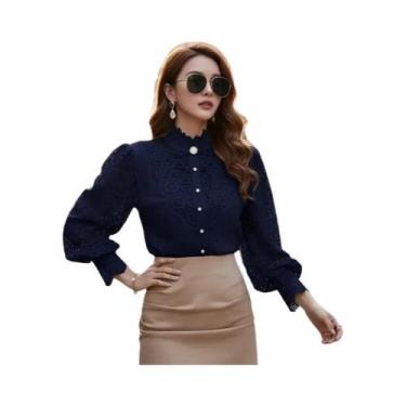 Imagem de Blusa Feminina De Primavera Com Renda Floral, Gola Alta, Botões, Estil