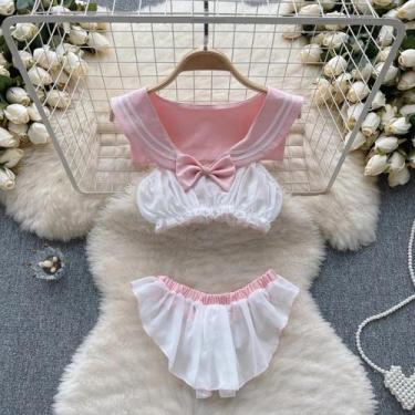 Imagem de Conjunto De 2 Peças: Top Cropped Rosa Fofo Com Babados Sem Mangas E Mi