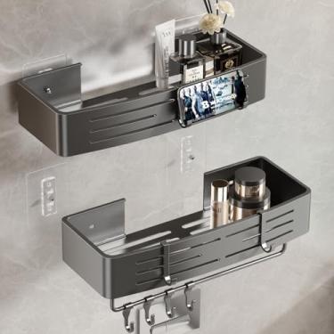 Imagem de Voldra Pacote com 2 suportes de chuveiro adesivos, prateleiras de chuveiro para chuveiro interno sem perfuração, organizador de chuveiro de alumínio com barra de toalha e ganchos prateleira de