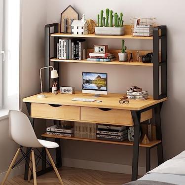 Imagem de Mesa de computador moderna com estante, estação de trabalho de escritório doméstico com prateleiras superiores de armazenamento, mesa de estudo para escrever e estudar (120 x 60 x 74 cm, acabamento