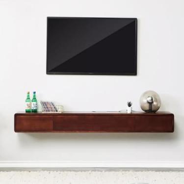 Imagem de Prateleira flutuante para TV - Centro de entretenimento montado na parede de madeira maciça com gavetas, console de mídia de fazenda para sala de estar, armário de TV flutuante decorativo