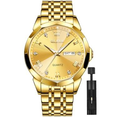 Imagem de OLEVS Relógio masculino azul/prata/ouro/preto/cinza relógio masculino com pulseira de aço inoxidável luxo dia data à prova d'água vestido casual relógios relojes para hombres, relógio dourado