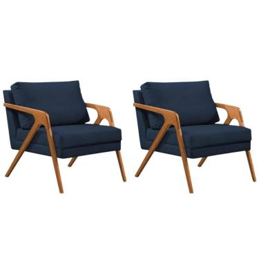 Imagem de Conjunto 2 Poltronas Sala De Estar Monique Madeira Cerejeira Azul Veludo