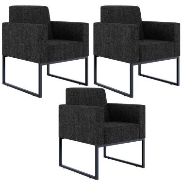 Imagem de Kit 03 Poltronas Recepção Base Fixa Metal Linho Chumbo