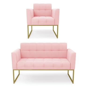 Imagem de Kit 1 Sofá Namoradeira E 1 Poltrona Elisa Suede Rosa Bebê Base Metálica Industrial Dourada - D'rossi