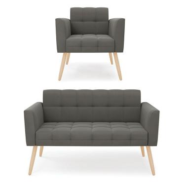 Imagem de Kit 1 Sofá Namoradeira E 1 Poltrona Elisa Suede Pés Palito Natural - D'rossi Cor Grafite