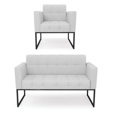 Imagem de Kit 1 Sofá Namoradeira E 1 Poltrona Linho Base Metálica Industrial Preto - D'rossi Cor A05 Cinza