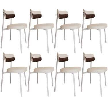 Imagem de Kit 08 Cadeiras Estofada Para Sala De Jantar Astrid Branco C01 Linho Palha Courino Whisky - Lyam Decor