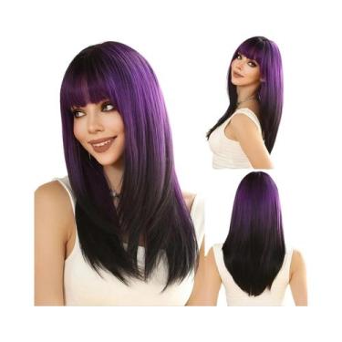 Imagem de Peruca Sintética Lisa Em Camadas Ombre Roxo E Preto Com Franja, Compri