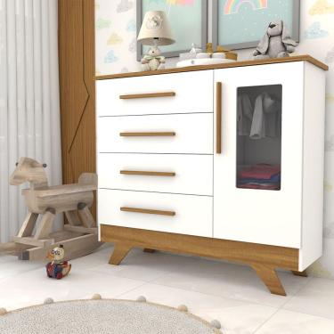 Imagem de Cômoda Infantil Encanto 1 Porta 4 Gavetas 100% Mdf Branco Brilho/Amêndoa - Panorama Móveis