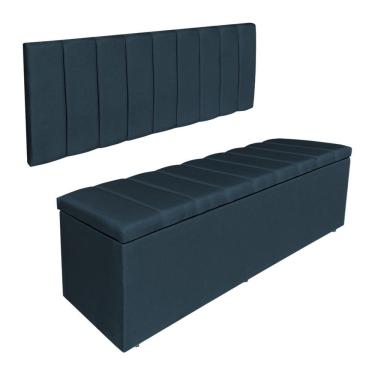Imagem de Kit Cabeceira Painel E Calçadeira Recamier Baú King 1,95m Holanda Suede - Pallazio Cor Azul Marinho