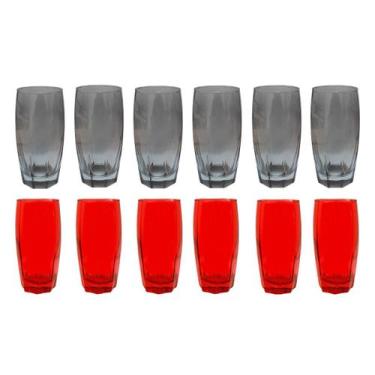 Imagem de Conjunto Copos de Vidro 370ml 6 Vermelho / 6 Cinza Florida - PRATICASA