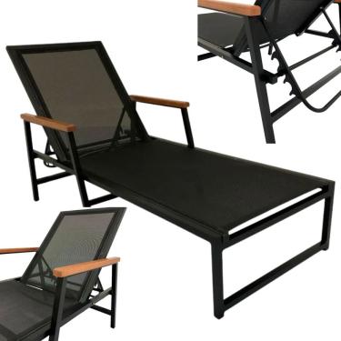 Imagem de Espreguiçadeira Piscina Amélia Tela Sling Braços De Madeira Preto