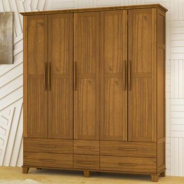Imagem de Guarda Roupa Casal De Madeira 5 Portas 6 Gavetas Castanho - Famorine