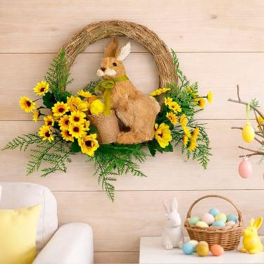 Imagem de Guirlanda de Páscoa Coelho com Cestinho 35cm para Porta e Parede Decorativa Marrom