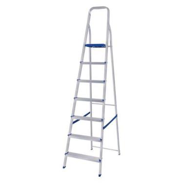 Imagem de Escada Doméstica Escada Alumínio 7 Degraus Doméstica 198cm em Alumínio Prata com Certificação INMETRO Dobrável para Até