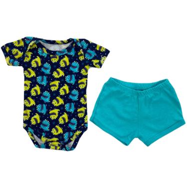 Imagem de Conjunto Body Manga Curta e Short Monstros Algodão Azul Infantil Unissex