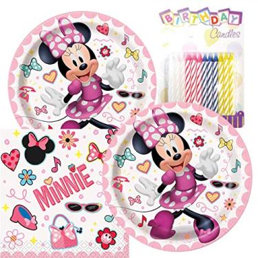 Imagem de Pacote de festa de aniversário da Minnie – Inclui pratos de papel e guardanapos de bebidas de 17,78 cm mais 24 velas de aniversário – Serve 16
