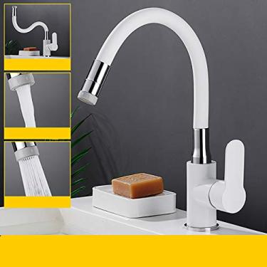 Imagem de Torneira de cozinha com rotação de 360°, torneira misturadora para pia de cozinha, braço giratório ajustável, torneiras de pia de cozinha com braço giratório e ajustável, torneira de pia de 360°, alça única, latão sólido (branco)