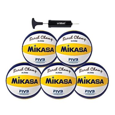 Imagem de Kit 5 Bolas de Vôlei de Praia VLS300 Branco, Amarelo e Azul Mikasa com Bomba