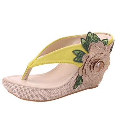 Imagem de A shoe store Sandália feminina plataforma sem salto flor grosso, Amarelo, 8.5