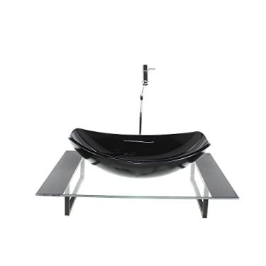 Imagem de KIT CUBA DE VIDRO OVAL CHANFRADA COM TAMPO 60CM PRETO E SUPORTE TORNEIRA VALVULA