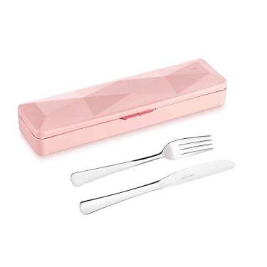 Imagem de Kit Talheres Garfo Faca Inox e Estojo Rosa Viagem 3 peças