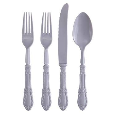 Imagem de Conjunto de talheres descartáveis | Cutelaria de plástico resistente | Conjunto de 96 peças | 48 garfos. 24 facas e 24 colheres | para casamento e jantar de luxo (cinza)