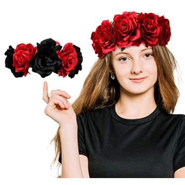 Imagem de 3omething New 2 peças de tiara de coroa de flor rosa - Dia dos Mortos Mexicano Halloween Festival de Casamento