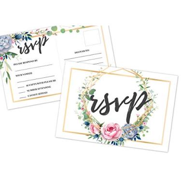 Imagem de 50 cartões RSVP, em branco, sem necessidade de envelopes, estampa de flores florais, casamento, ensaio, convite para chá de panela salvar a data A2