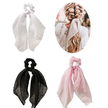 Imagem de Pacote com 3 lenços para lenço RTTYOA, cachecol de bolinhas, cachecol de cabelo de margarida, cachecol de seda acetinada, cauda comprida, faixas de cabelo de laço, suporte de rabo de cavalo elástico, laços de cabelo para mulheres e meninas (Estilo3)