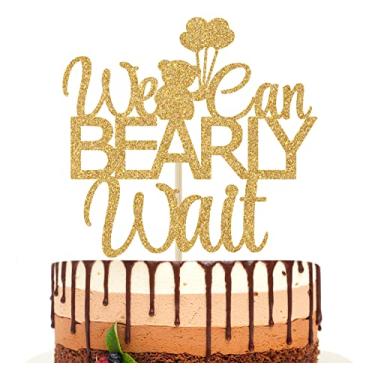 Imagem de We Can Bearly Wait Topo de bolo de chá de bebê, tema de urso de bebê, artigos de decoração de festa de revelação de gênero com glitter dourado.
