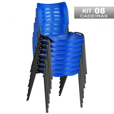 Imagem de Kit 8 Cadeiras Empilhável Iso Fixa Escolar Azul Para Escritório Recepç
