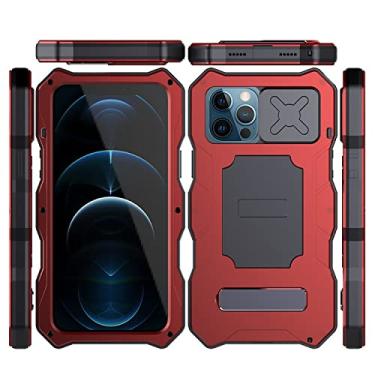 Imagem de Capa de telefone de lente de câmera deslizante de armadura robusta para iphone 12 pro max metal alumínio pára-choques capa de suporte de armadura, vermelho, para iphone 12pro max