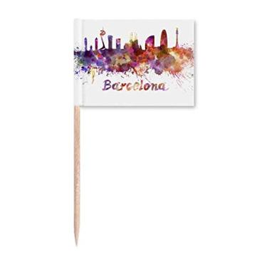 Imagem de Barcelona Espanha, Cidade, Aquarela, Palito, Bandeiras, Marcador, Topo de Decoração de Festa