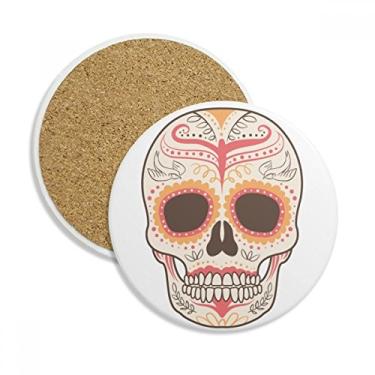 Imagem de Caneca de porta-copos com ilustração de caveira rosa e pássaro de flor com pedra absorvente de proteção de mesa