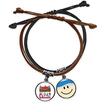Imagem de DIYthinker Pulseira Demark National Symbol com estampa de marco de corda e corrente de mão de couro com rosto sorridente