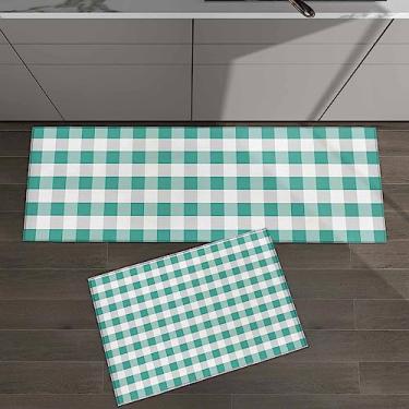 Imagem de Conjunto de 2 tapetes de cozinha padrão geométrico xadrez verde branco para tapetes acolchoados e tapetes antiderrapantes absorventes corredor confortável tapete de pé