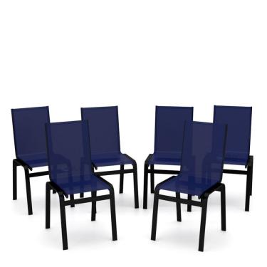 Imagem de Kit 6 Cadeiras Jantar Gourmet Alumínio Preto Tela Azul