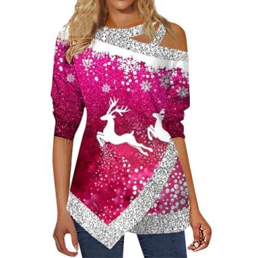 Imagem de Elogoog Vestidos de suéter para mulheres 2023 na moda camisa feliz natal para mulheres pulôver ombro frio árvore fofa flocos de neve tops sexy vermelho copo de vinho estampado suéter (rosa choque, 4GG), Rosa choque, 4G