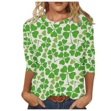 Imagem de Camisetas de Dia de São Patrício para mulheres camisetas de manga 3/4 verde trevo moletom cruise roupas para mulheres 2024, Camisa Western Feminina Verde, M