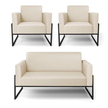 Imagem de Sofá Namoradeira Com 2 Poltronas Base Industrial Alta Preto Marisa Corino D03 - D\`rossi Cor Bege
