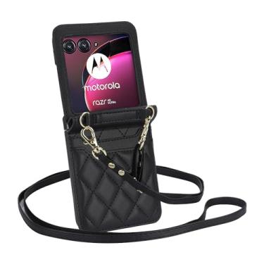 Imagem de Capa carteira para Motorola Moto Razr 40 Ultra, alça de pulso, capa de couro flip transversal com 2 cartões de cordão ajustável capa de telefone para mulheres (preto)