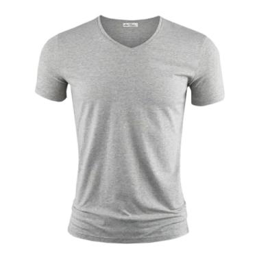 Imagem de Camiseta masculina cor pura gola V e O manga curta camisetas masculinas fitness para roupas masculinas 1, Gola V na cor cinza, XG