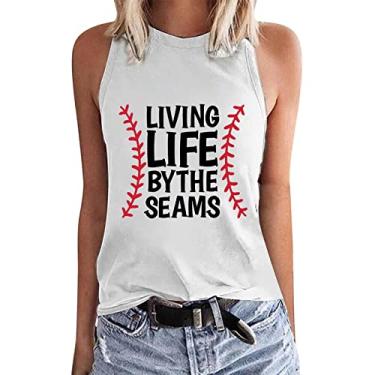 Imagem de PKDong Camiseta feminina de beisebol Living Life by The Seams com estampa regata casual gola redonda sem mangas camiseta feminina de verão, Preto, GG