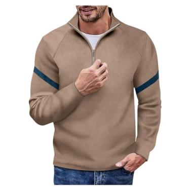 Imagem de Camisa polo masculina combinando cor metade frontal zíper camisa de golfe gola alta padrão listrado pulôver, Marrom-claro, G