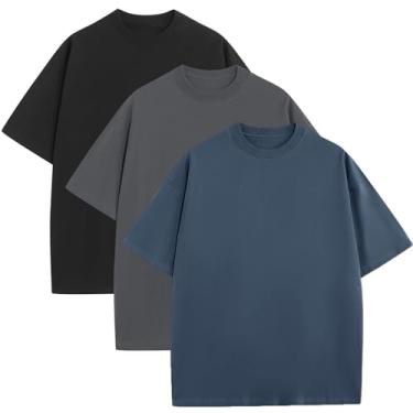 Imagem de Camisetas masculinas grandes modernas, folgadas, gola redonda, moda urbana, pesada, manga curta, academia, treino, Preto + cinza + azul jeans, P